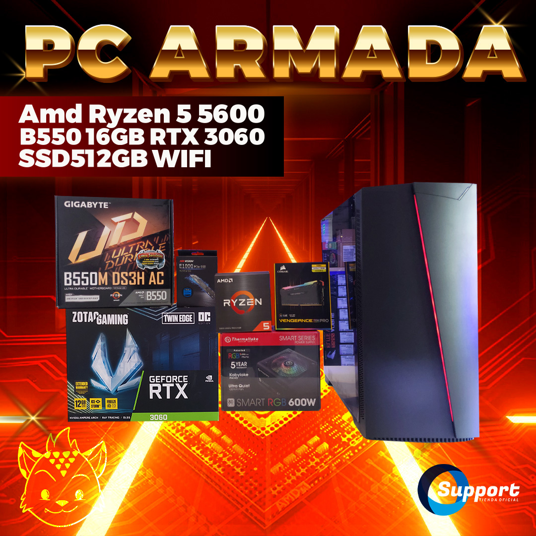 Pc Gamer Armada Amd Ryzen 5 5600 B550 16GB RTX 3060 SSD512GB WiFi