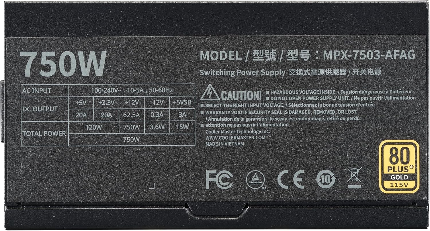 Fuente Certificada Cooler Master 750W MWE V3 80 Plus Gold Full Modular MPX-7503-AFAG