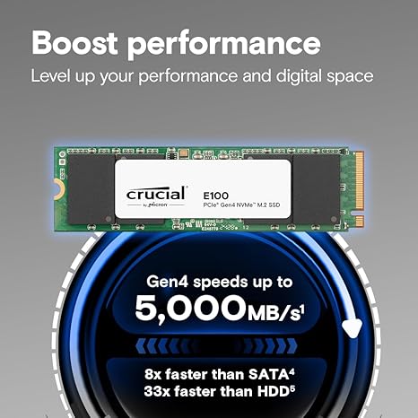 Almacenamiento Disco Solido SSD NVMe Crucial 1TB E100 PCIe 4.0 M.2 CT1000E100SSD8