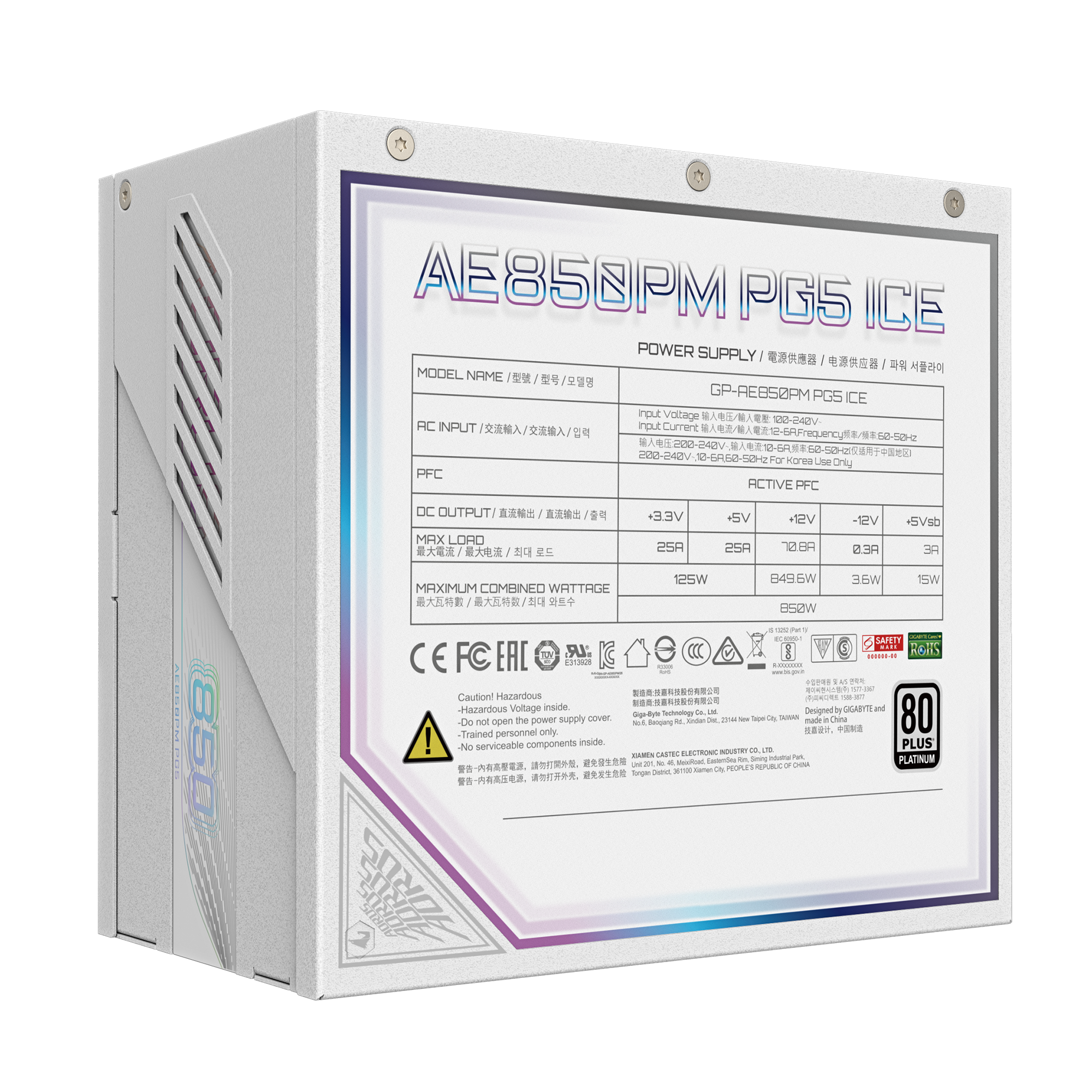 Fuente Certificada Gigabyte 850W Aorus Elite 80 Plus Platinum ICE White Full Modular GP-AE850PM PG5 ICE