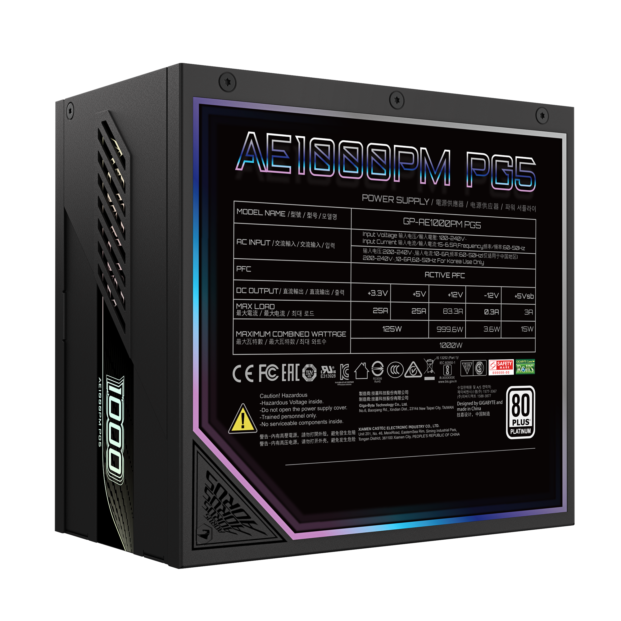 Fuente Certificada Gigabyte Aorus Elite 1000W 80 Plus Platinum Full Modular GP-AE1000PM PG5