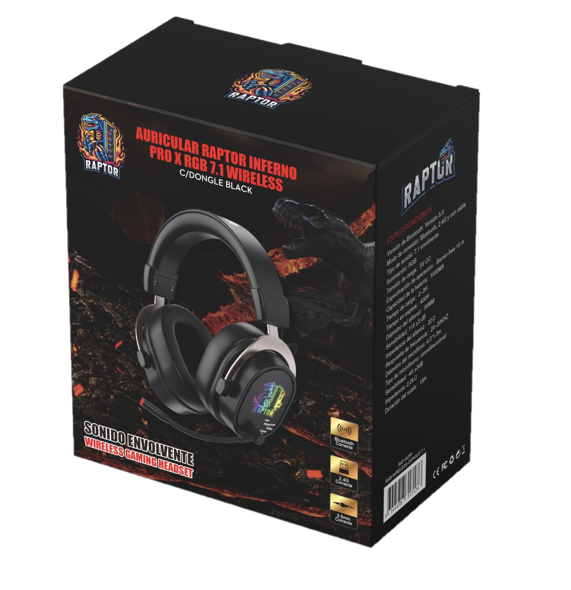 Perifericos Auricular Raptor Inferno PRO X 7.1 Wireless Black RAP-AURI-RGB-WIRELESS-DONGLE-7.1