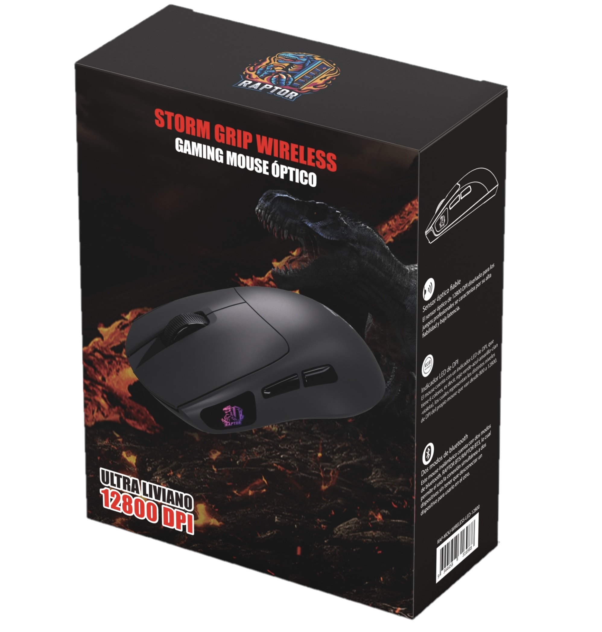 Perifericos Mouse Inalambrico Raptor Storm Grip Ultra Liviano 12800 DPI RAP-MOU-WIRELESS-LED-12800