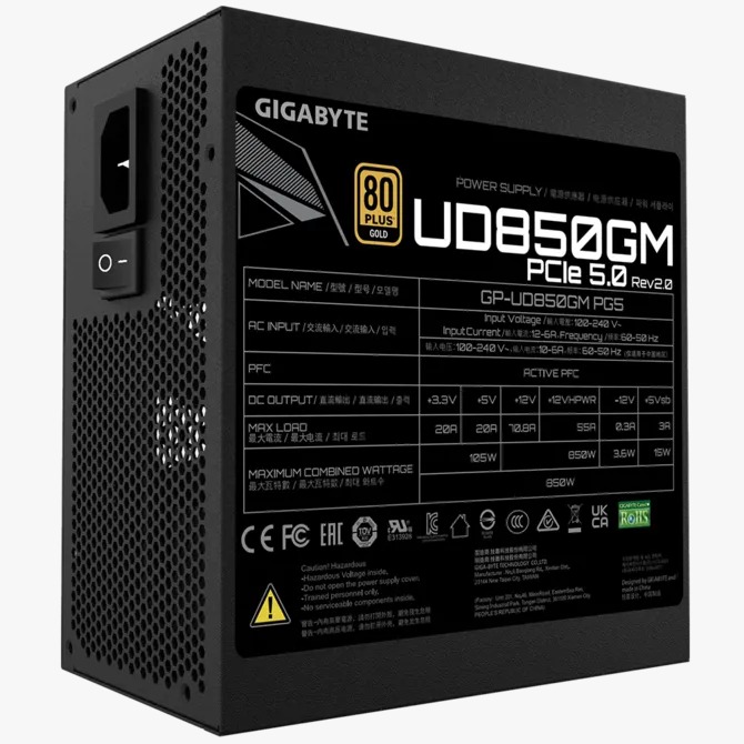 Fuente Certificada Gigabyte 850W UD Black 80 Plus Gold Full Modular GP-UD850GM PG5 V2