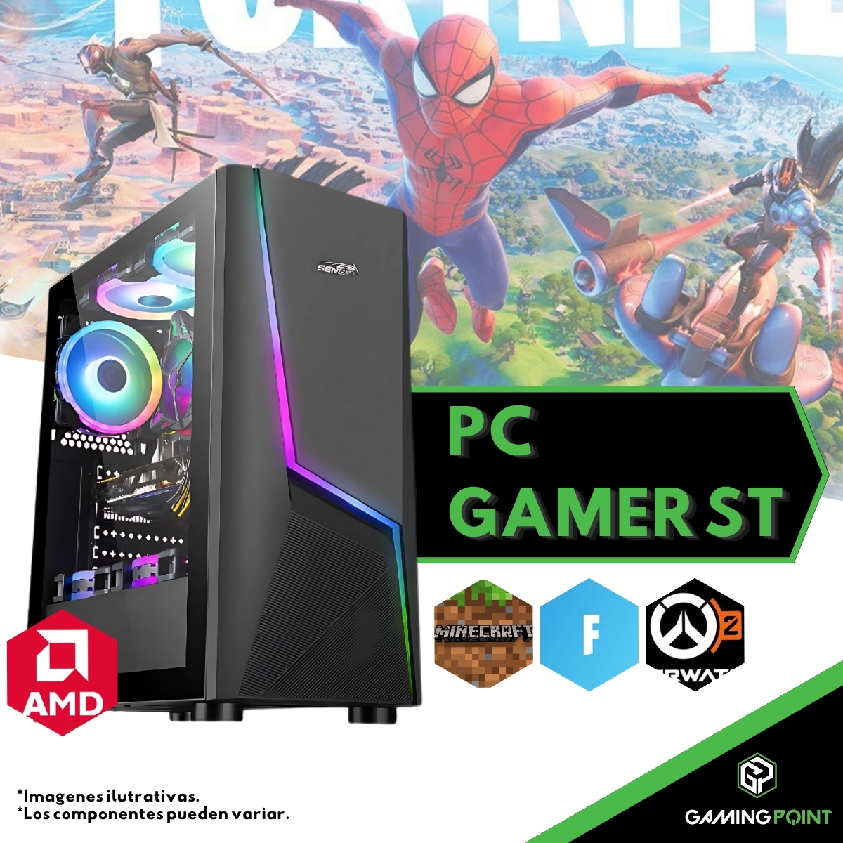 PC GAMER RYZEN 5 5600G A520 16GB RAM SSD 480  GABINETE KIT MOUSE TECLADO y parlantes