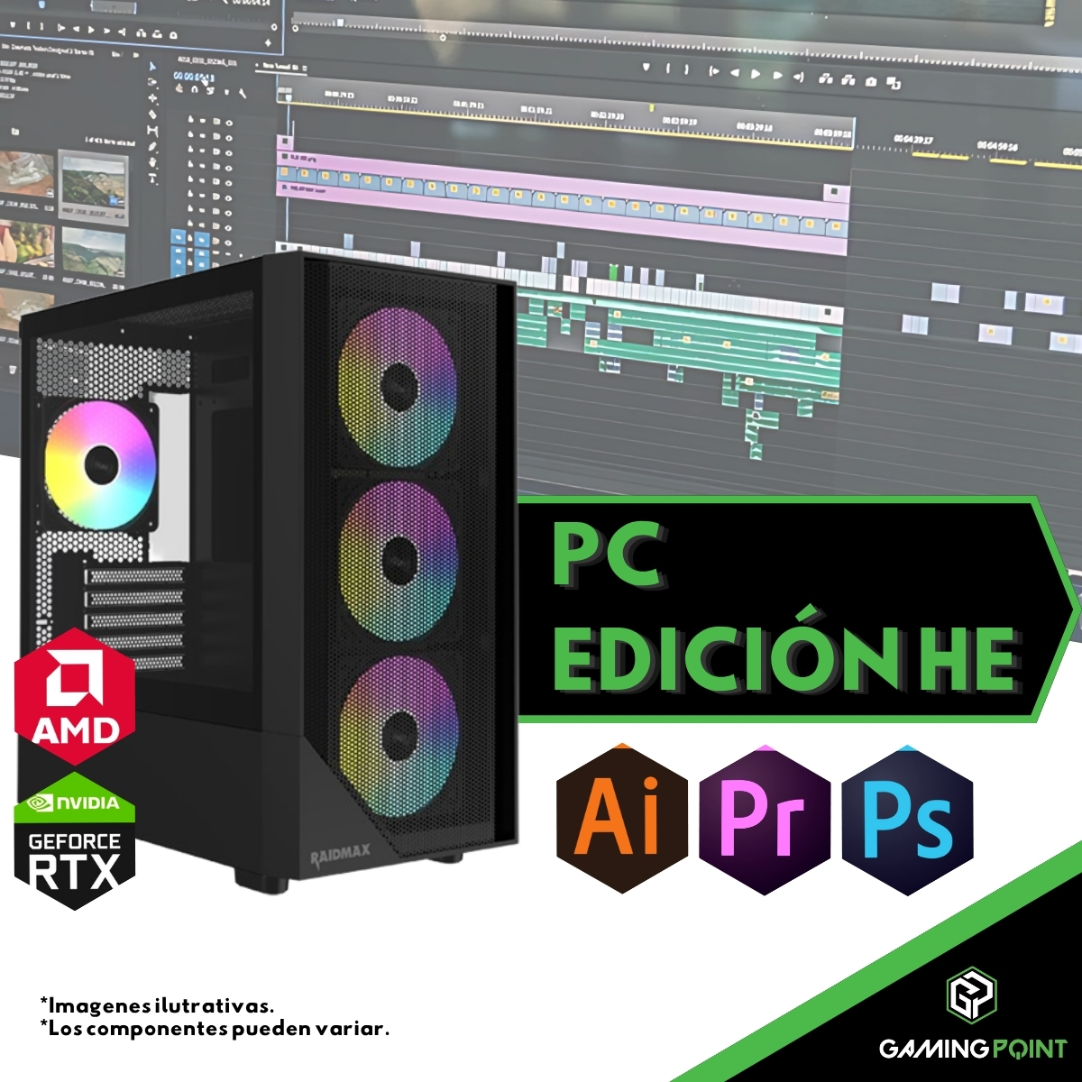 PC EDICION RENDER HE RYZEN 7 5700 B550  16GB RAM SSD m.2 1TB RTX 3080 10GB 750W