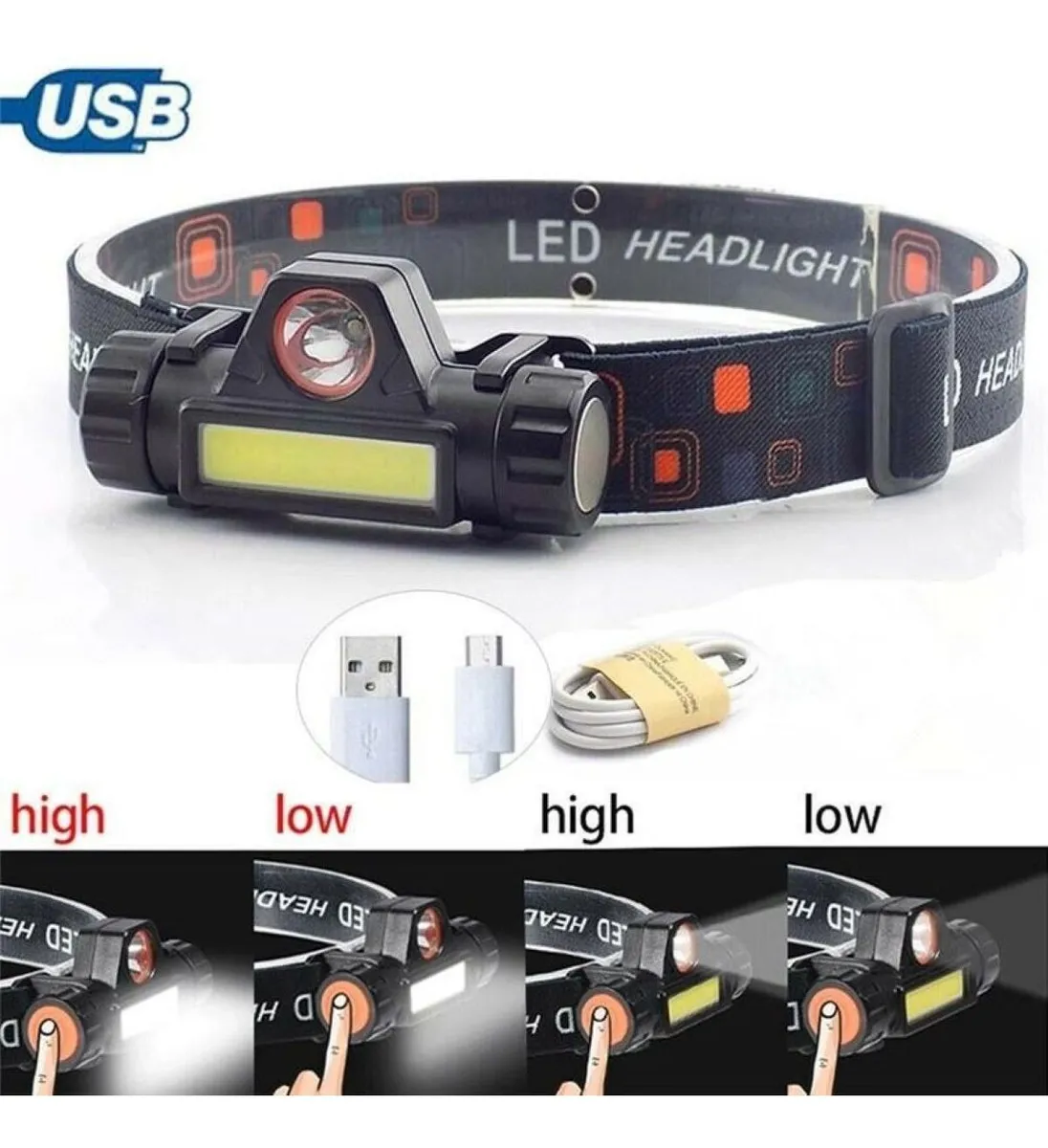 Linterna Minera Vincha Usb Recargable 2 Luces Led Camping