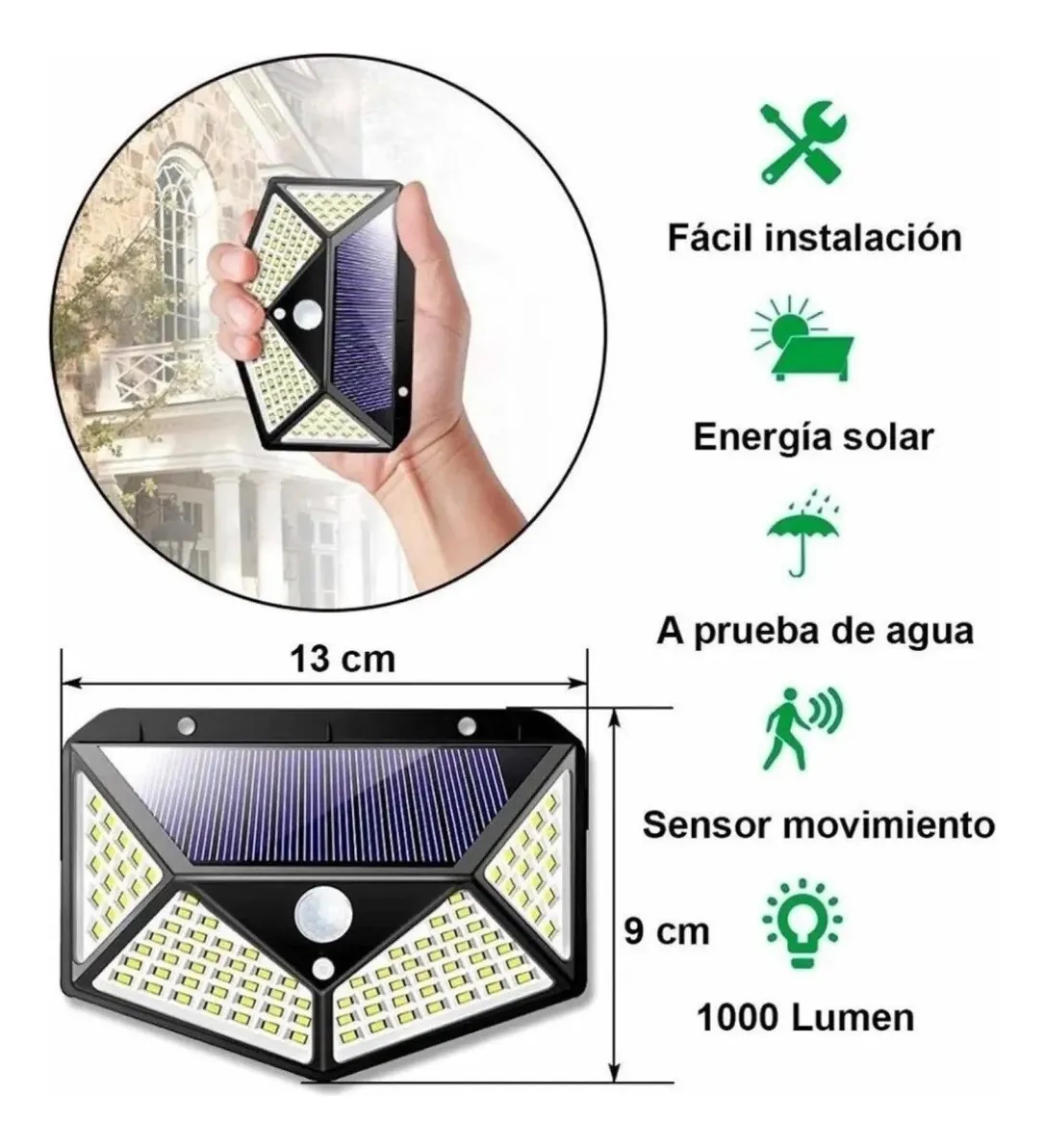 Reflector Led Panel Solar 100 Leds Con Sensor Movimiento Blanco Frío