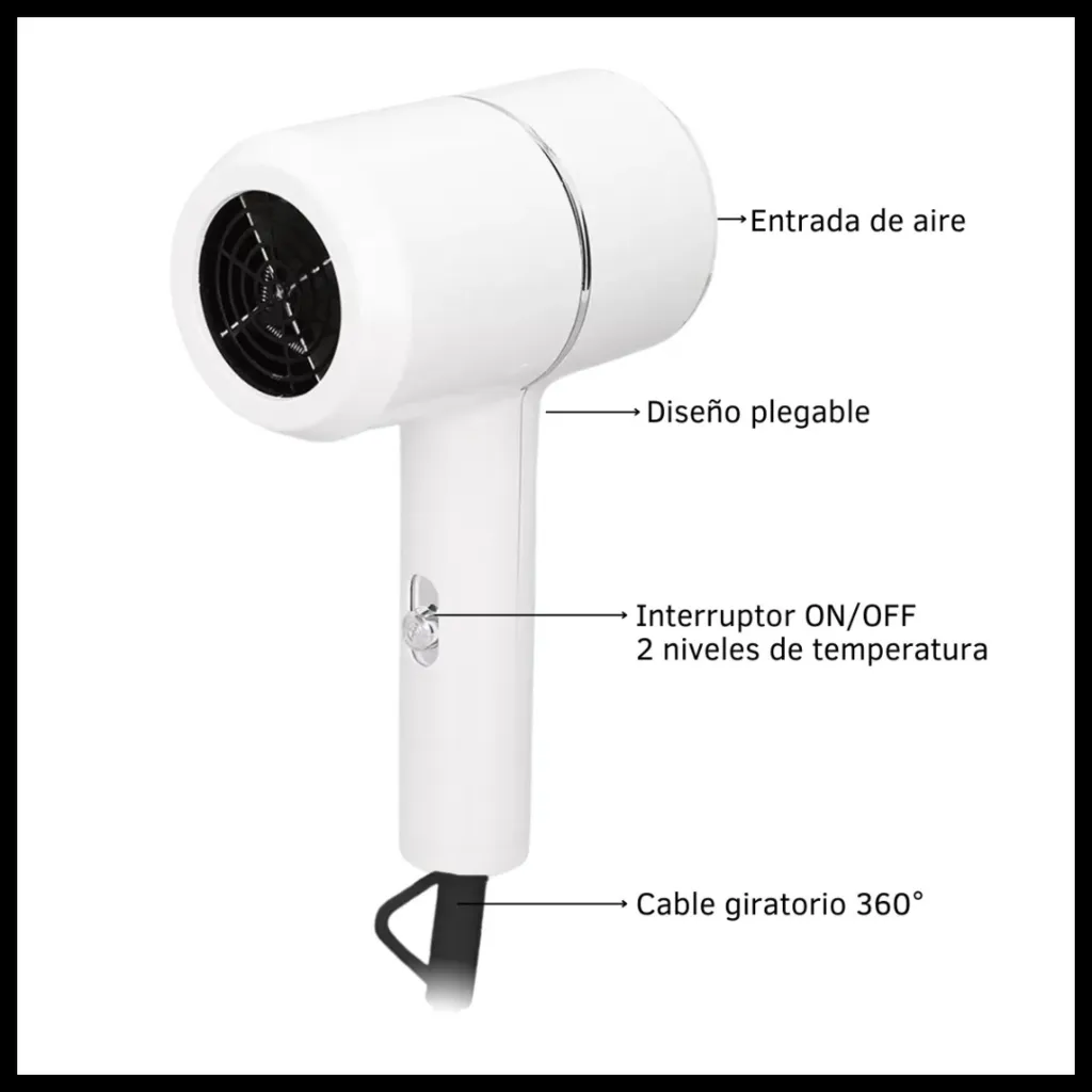 Secador De Pelo Cabello Plegable Portátil 1400w Frío Calor