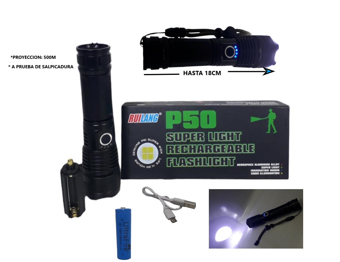 Linterna Tactica P50 Led Recargable Usb Pilas Zoom 1000 Lumens