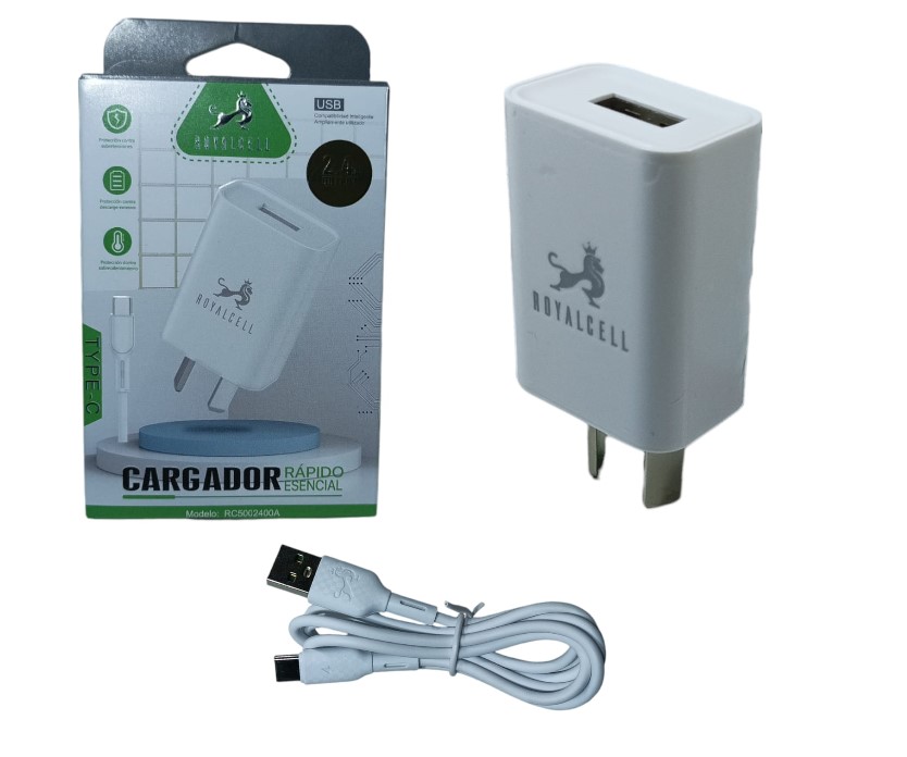 Cargador Celular Carga Rápida 2.4A 1 Entrada USB + Cable Desmontable Tipo C RC5002400A