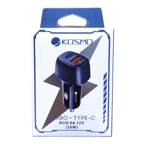 Cargador Rápido Para Auto 1 Usb Turbo + 1 Tipo C 12v 6a 38w Kosmo