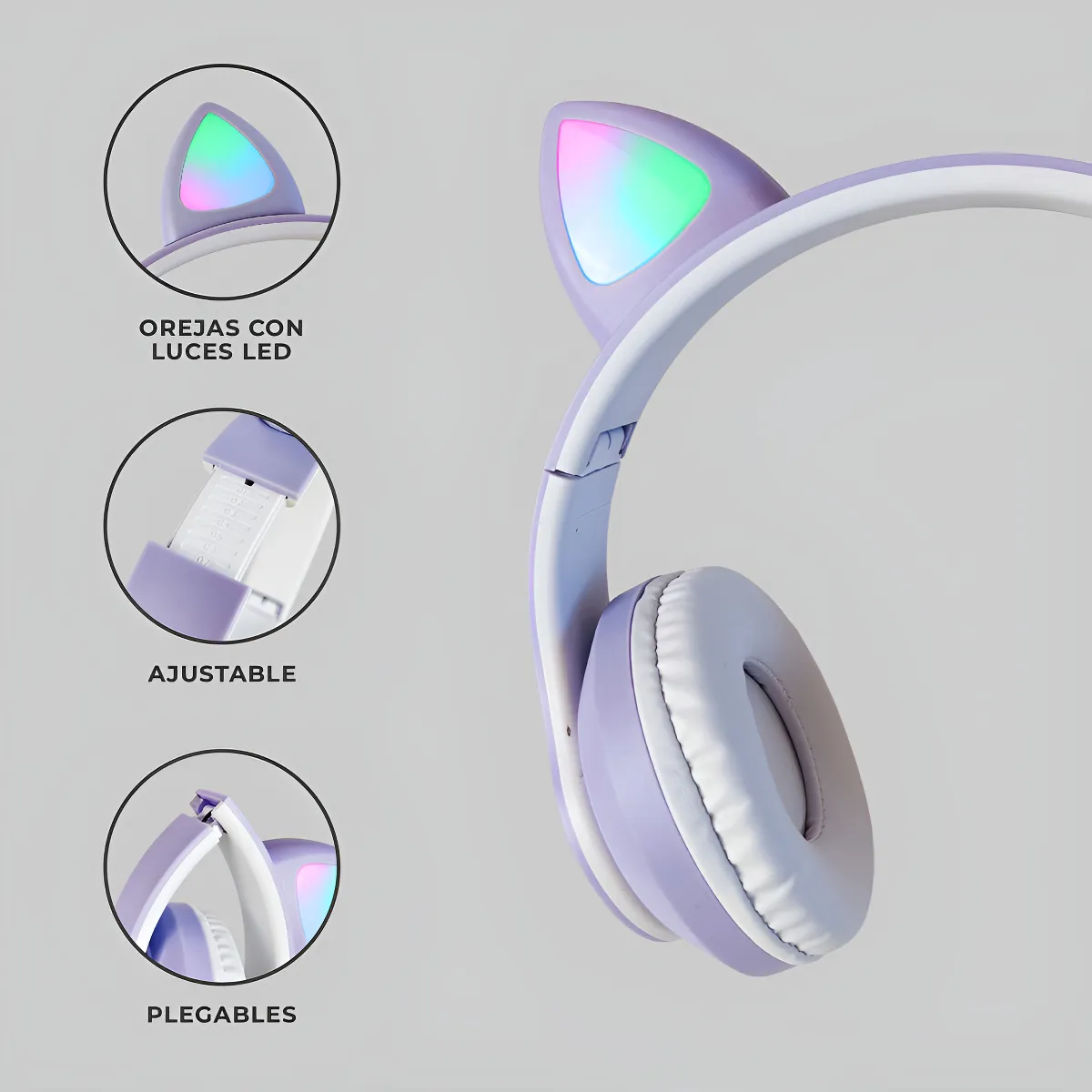 Auriculares Inalámbricos Vincha Oreja Gatito Led Rgb Cat Bluetooth