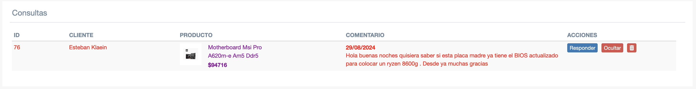 Consulta en productos