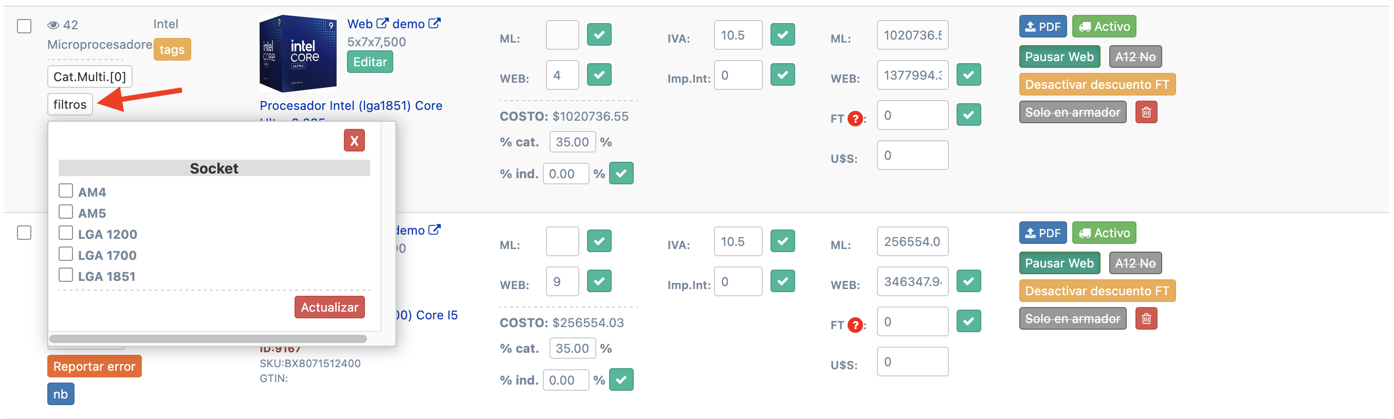 Adjudicar filtros a artículos
