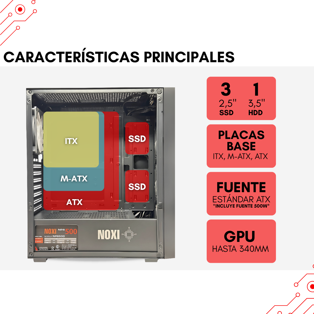 Gabinete Noxi Gaming Flare V2 Con Fuente 500w + Kit Teclado Y Mouse