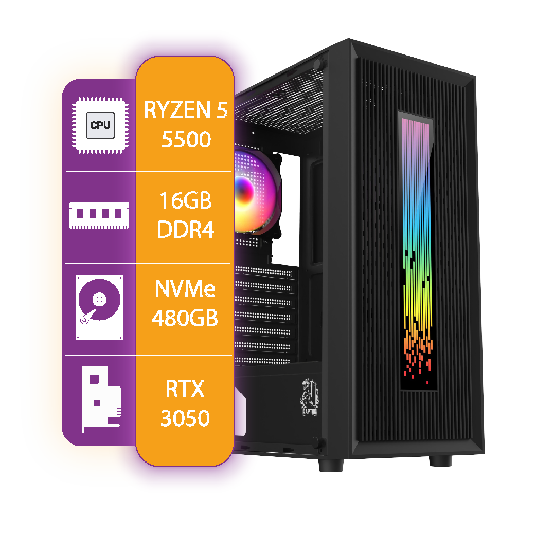Pc Armada Gamer AMD Ryzen 5 5500 | RTX 3050 XT | 16GB RAM | 480GB NVMe SSD | 550W 80+