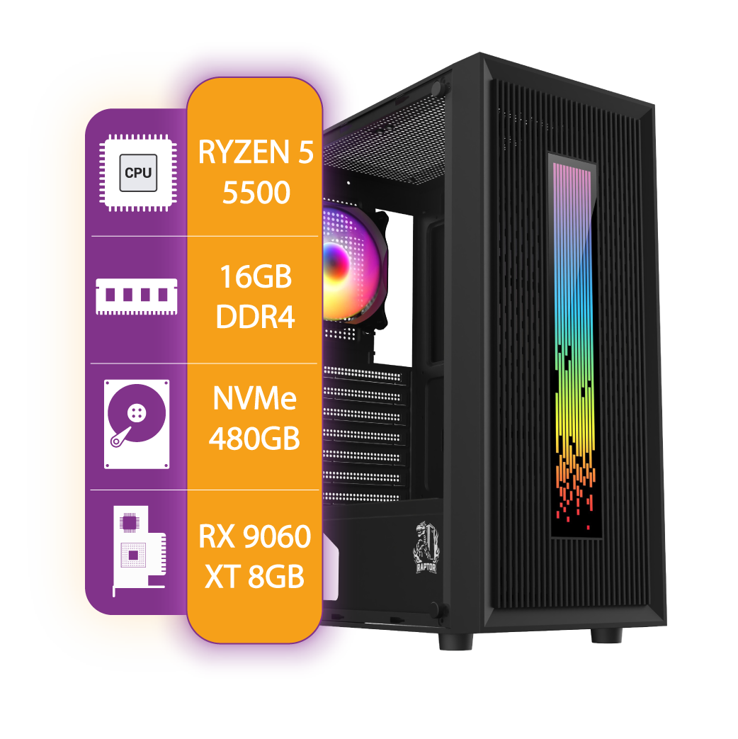 Pc Armada Gamer AMD Ryzen 5 5500 | RX 9060 XT | 16GB RAM | 480GB NVMe SSD | 550W 80+