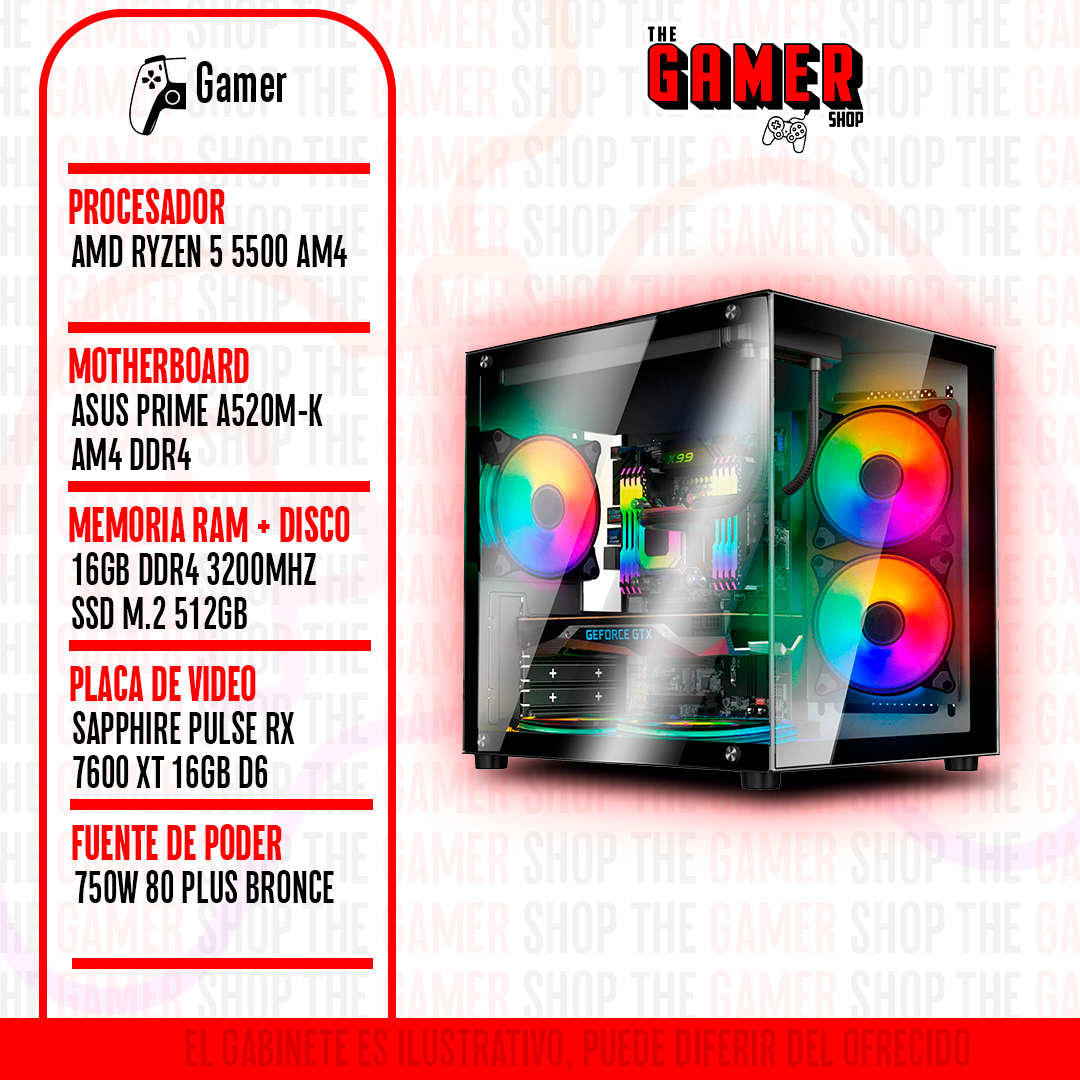 PC GAMER  RYZEN 5 5500 - RAM 16GB - 512GB M.2 - RX 7600 XT 16GB  N200 + WINDOWS11