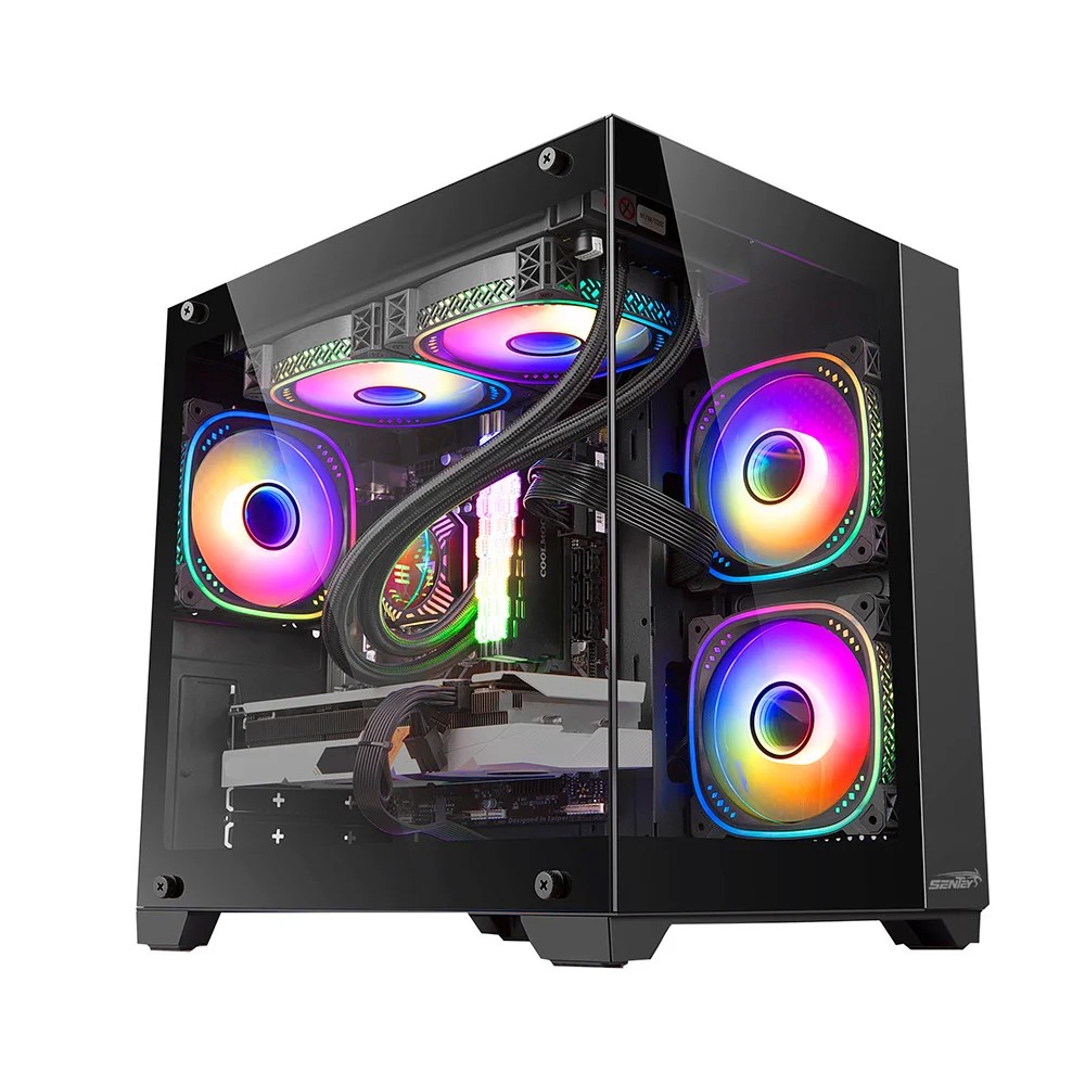 GABINETE SENTEY PECERA H30 BLACK VIDRIO TEMPLADO + 5 COOLERS ARGB.