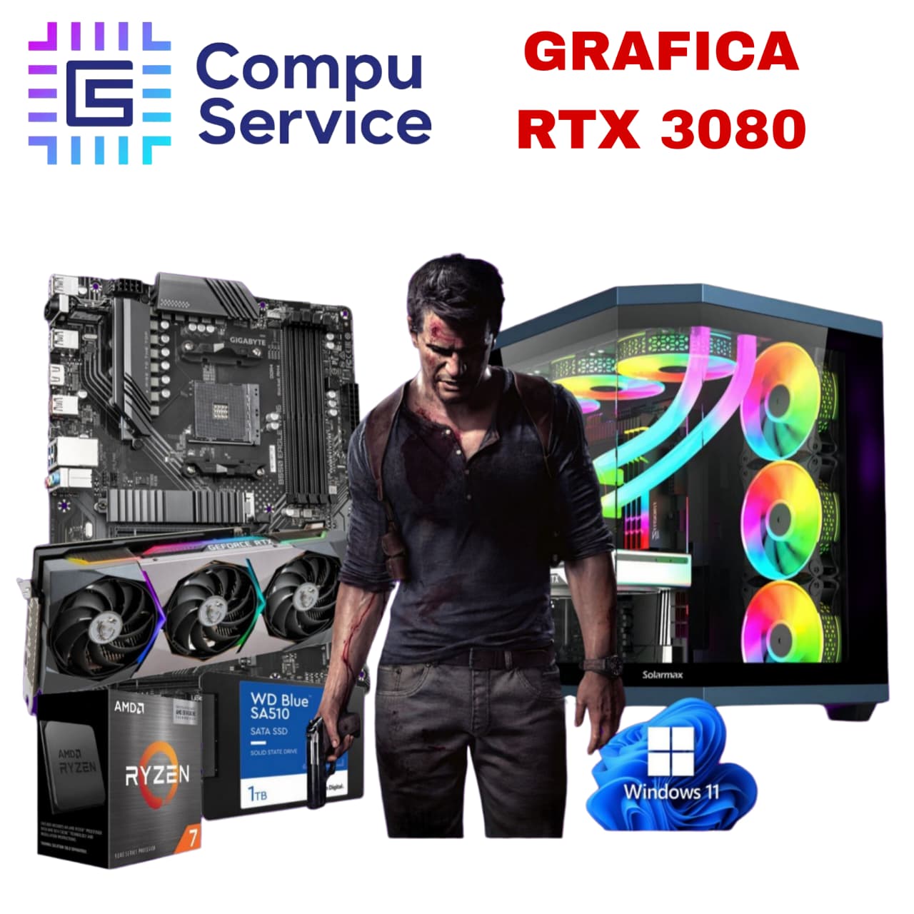 PC RYZEN 7 5700X + GRAFICA RTX 3080 + 32GB RAM + SSD 1TB + GABINETE GAMER CON LUCES