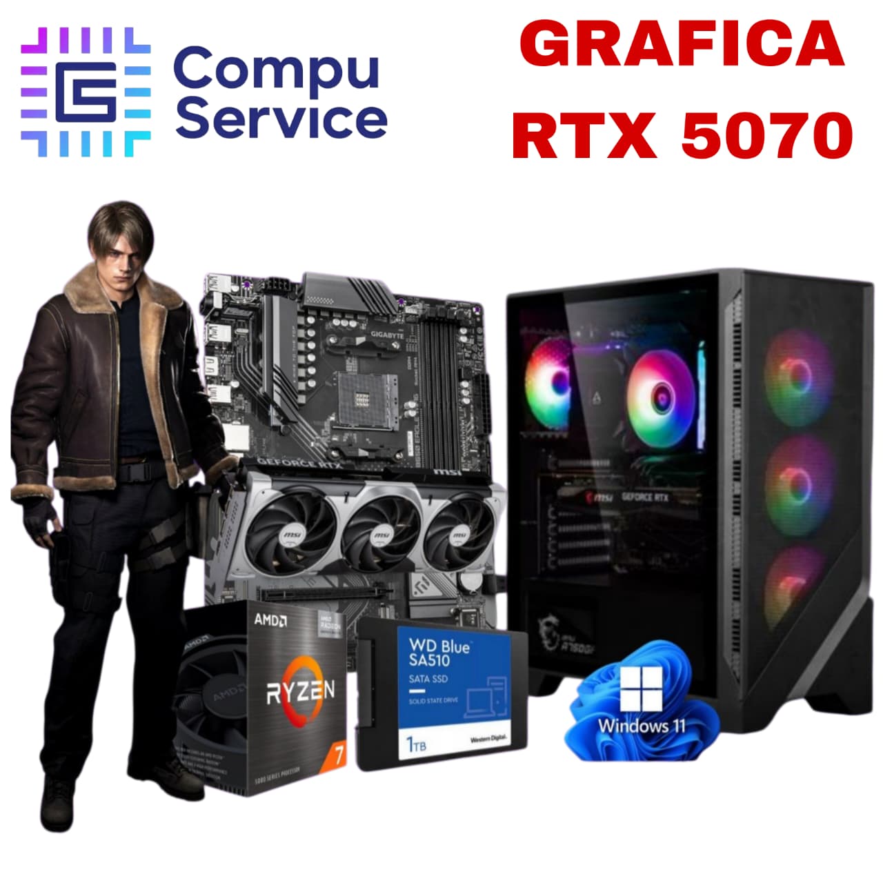 PC RYZEN 7 5700X + GRAFICA RTX 5070 + 32GB RAM + SSD 1TB + GABINETE GAMER CON LUCES