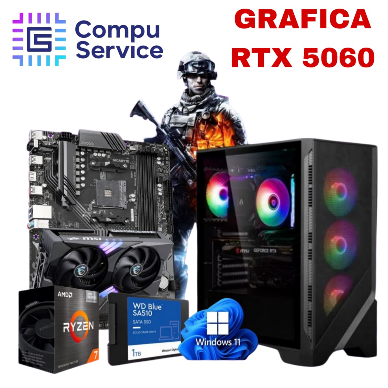 PC RYZEN 7 5700X + GRAFICA RTX 5060Ti + 32GB RAM + SSD 1TB + GABINETE GAMER CON LUCES