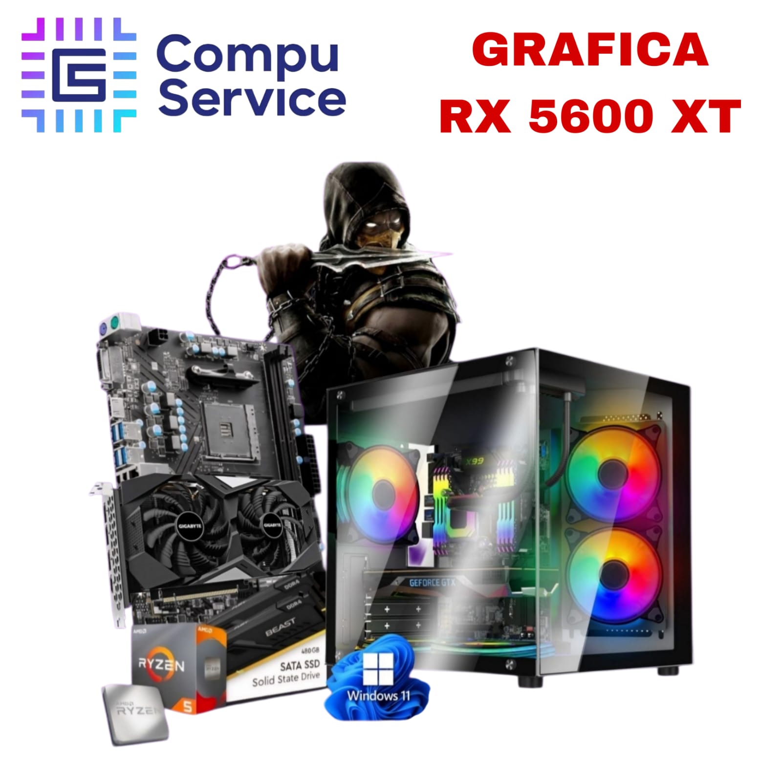 PC RYZEN 5 5500 + GRAFICA RX 5600 XT + 16GB RAM + SSD 1TB + GABINETE SOLARMAX 6 COOLERS RGB