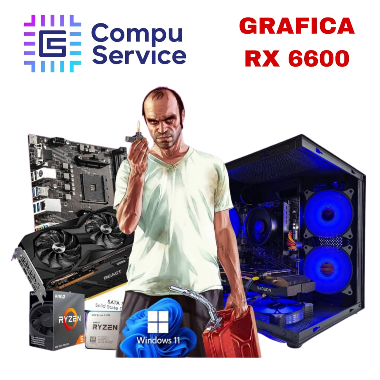 PC RYZEN 5 5500 + GRAFICA RX 6600 + 16GB RAM + SSD 1TB + GABINETE ZEUS 5 COOLERS RGB