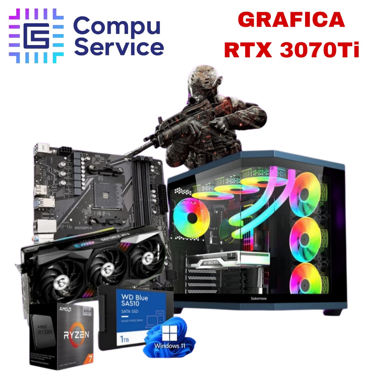 PC RYZEN 7 5800XT + GRAFICA RTX 3070 Ti + 32GB RAM + SSD 1TB + GABINETE GAMER CON LUCES