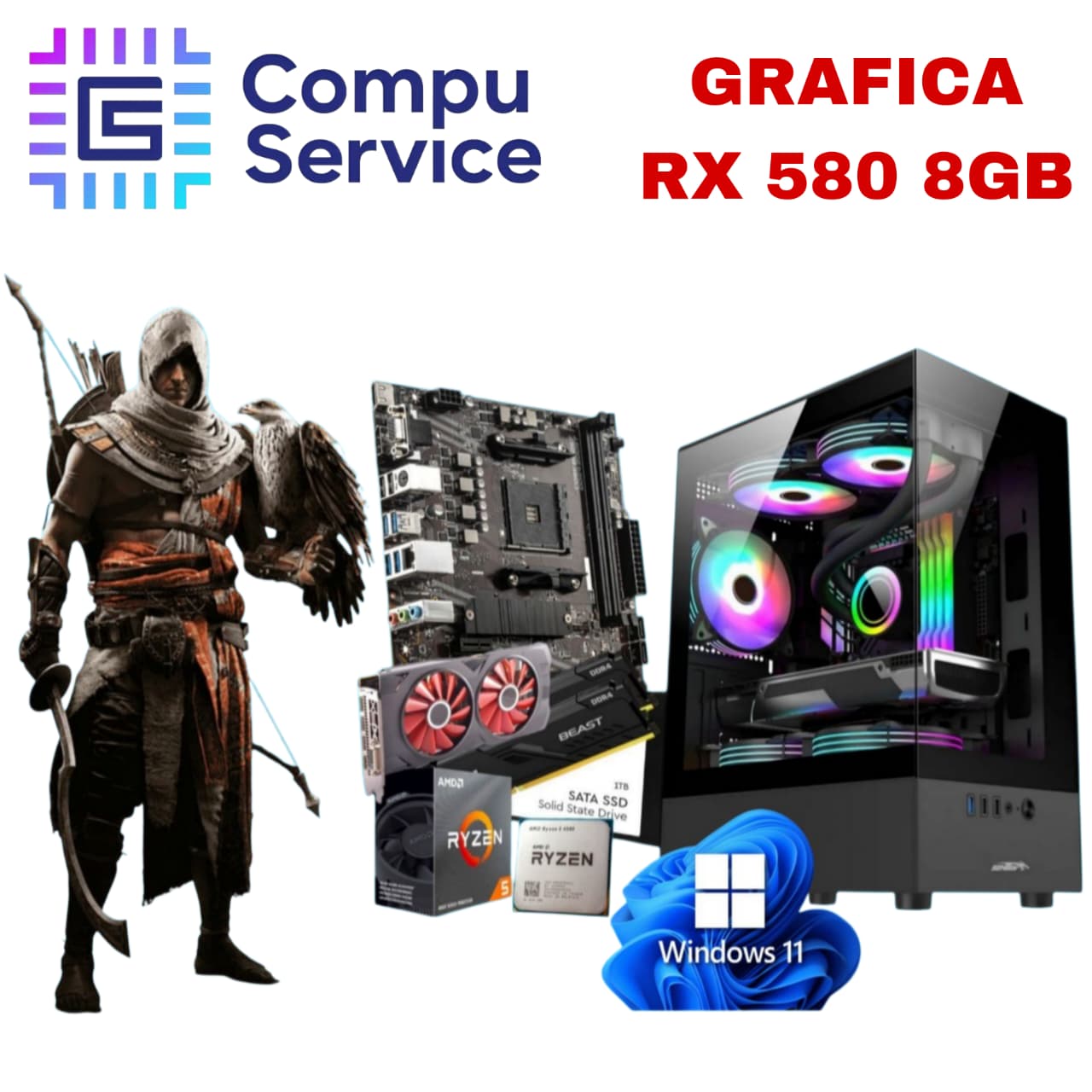 PC RYZEN 5 4500 + GRAFICA RX580 8GB + 16GB RAM + SSD 1TB + GABINETE ZEUS 5 COOLERS RGB