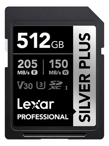 Tarjeta de Memoria Sd para cámaras fotográficas Lexar Silver Plus Sdxc 512gb U3 V30 4k 205mb/s