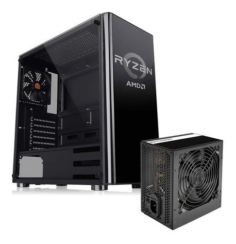 Gabinete Gamer Thermaltake Ryzen V200 Tg Templado Fuente 500w Pc Negro