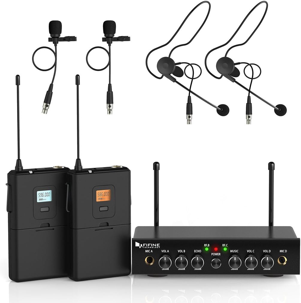 Fifine Sistema de micrófono inalámbrico, UHF de doble canal inalámbrico con 2 auriculares y 2 micrófonos de solapa Lavalier