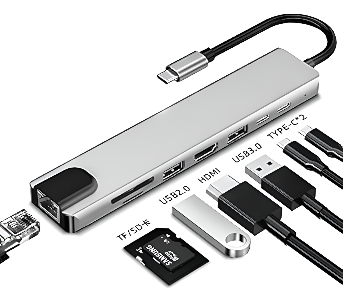 Adaptador Usb C Hub Para Mac Y Pc 8 En 1 Usb C - Hdmi - Red Plateado