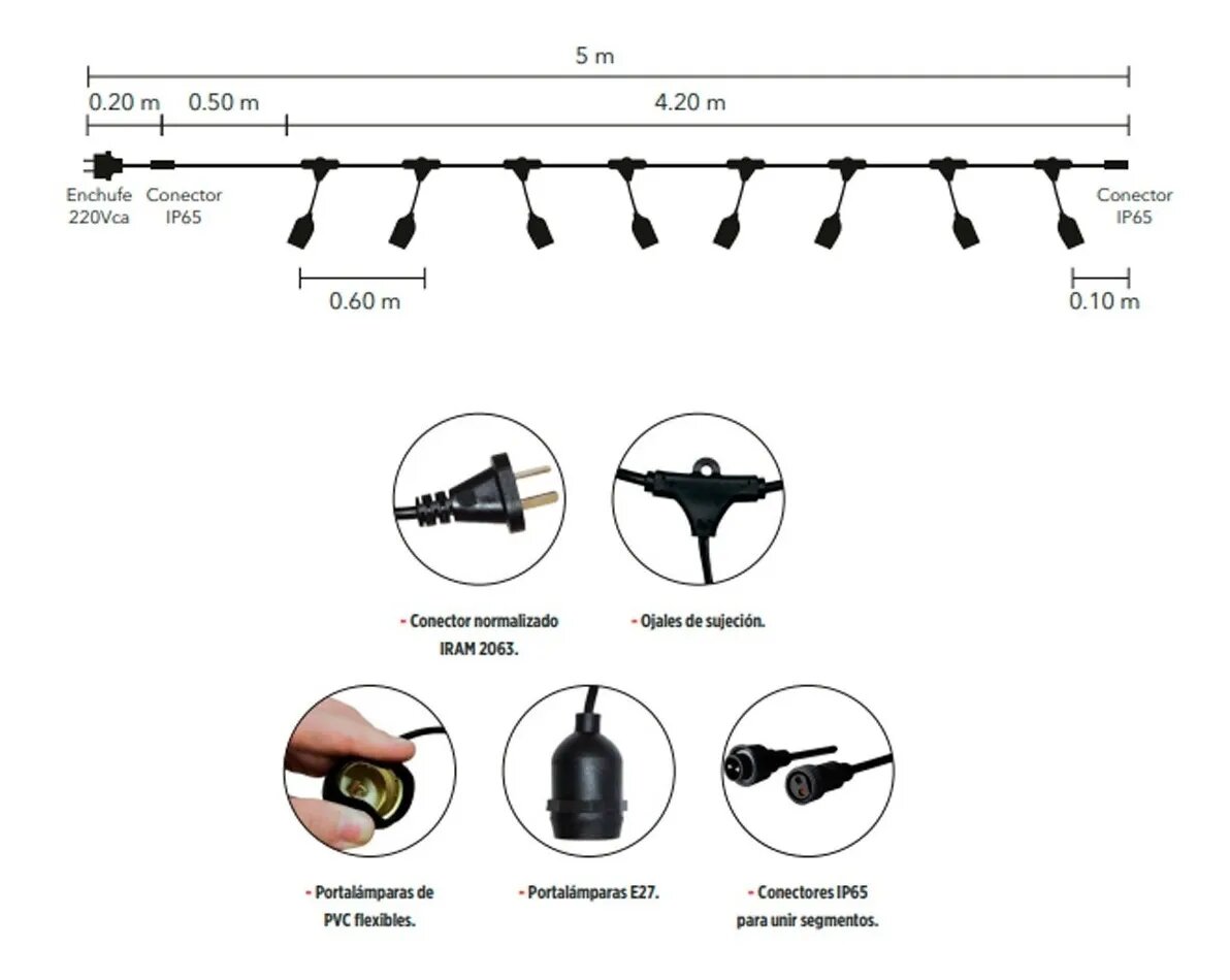 Guirnalda Exterior Negra 5 Metros 8 Portalámparas E27.
