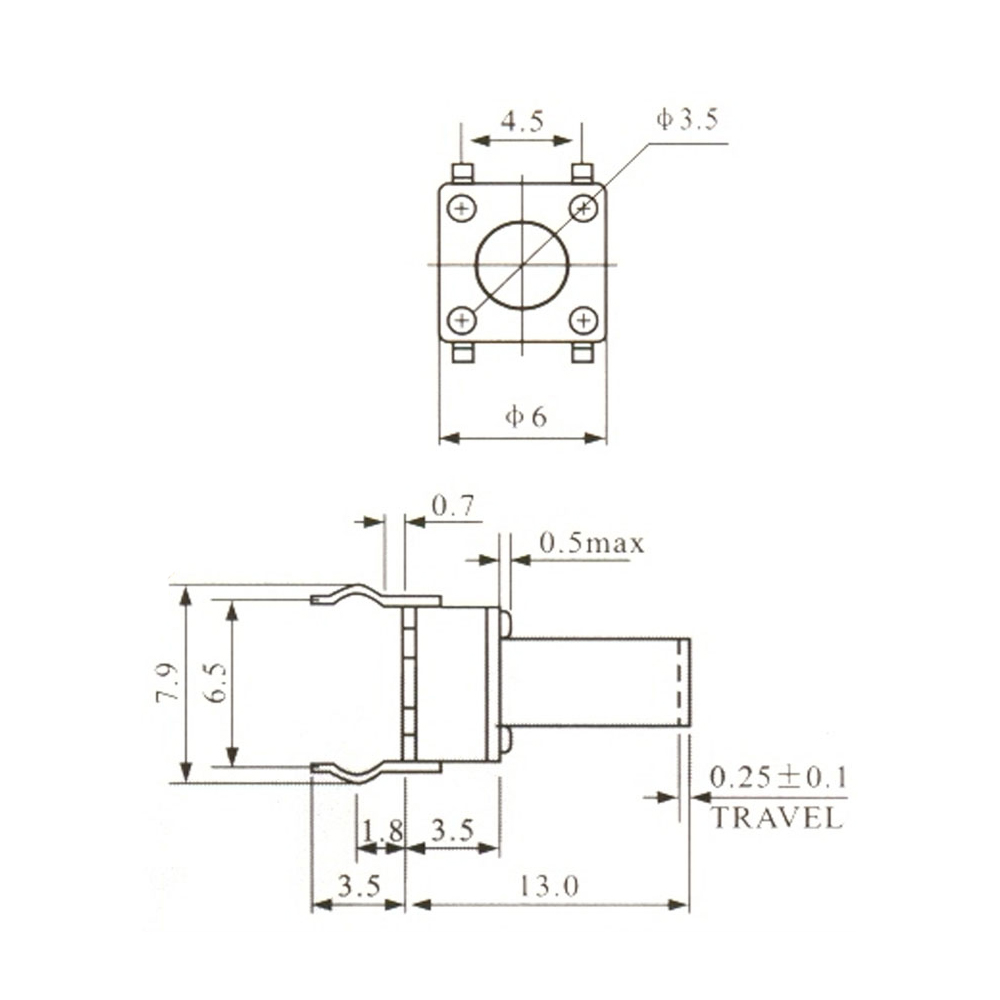 Pulsador Tact Switch 4 Patas 6x6x13mm Ø7.5