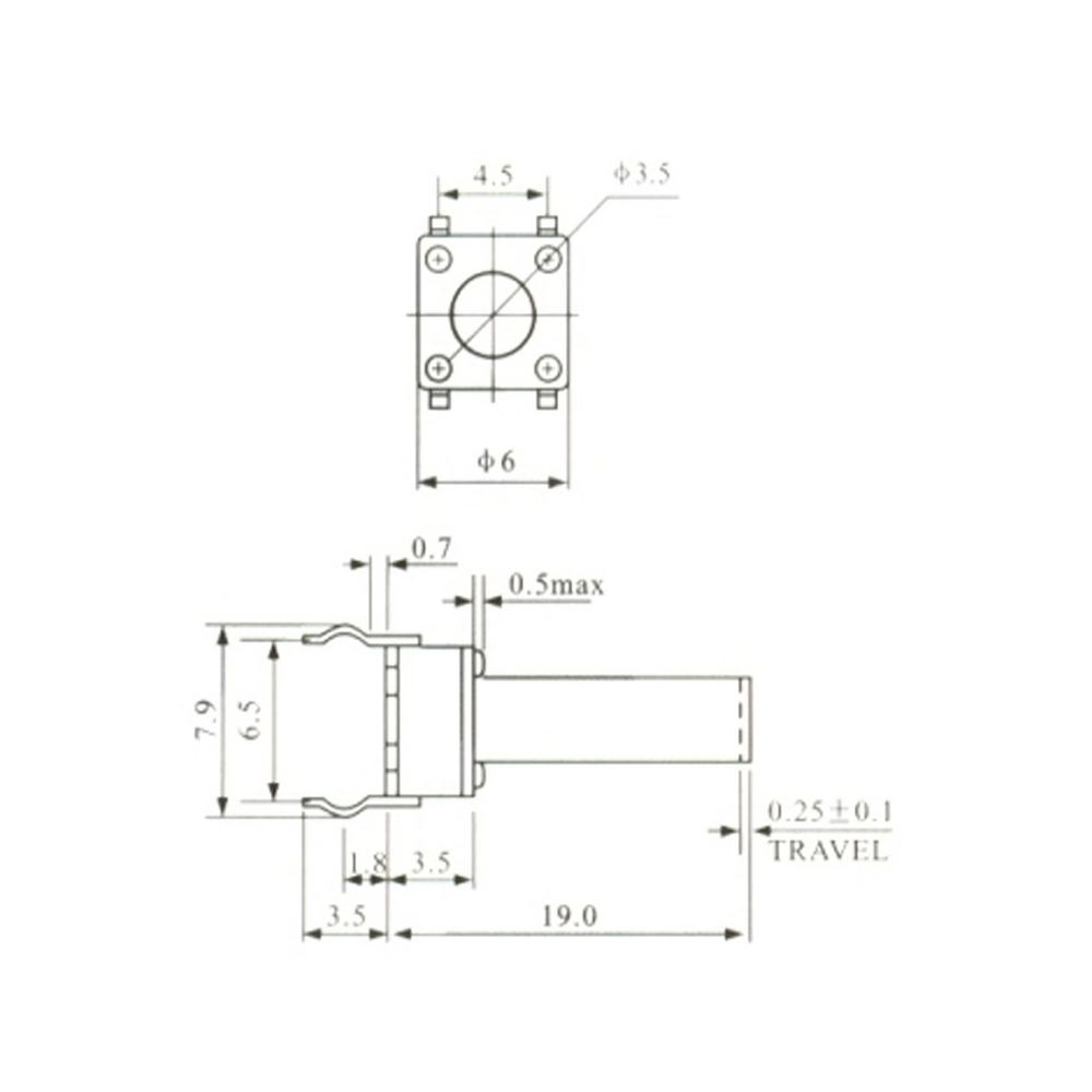 Pulsador Táctil Switch 4 Patas 6x6x19mm 0077
