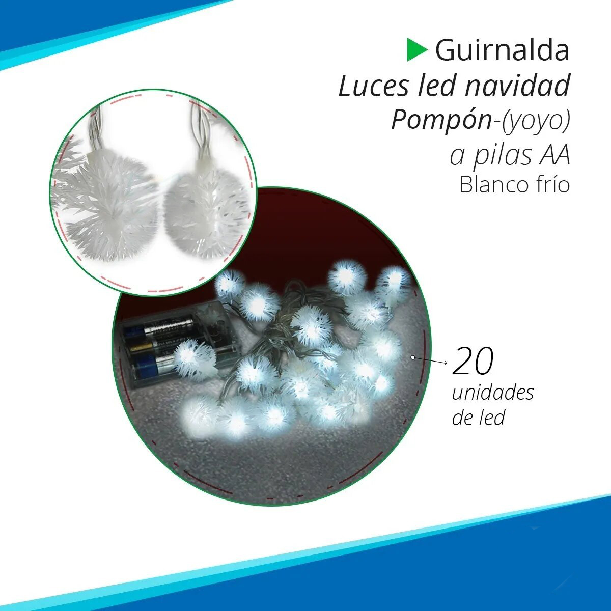 Guirnalda Luces Led Pompón 3 Metros Luz Fría 20 Leds A Pilas