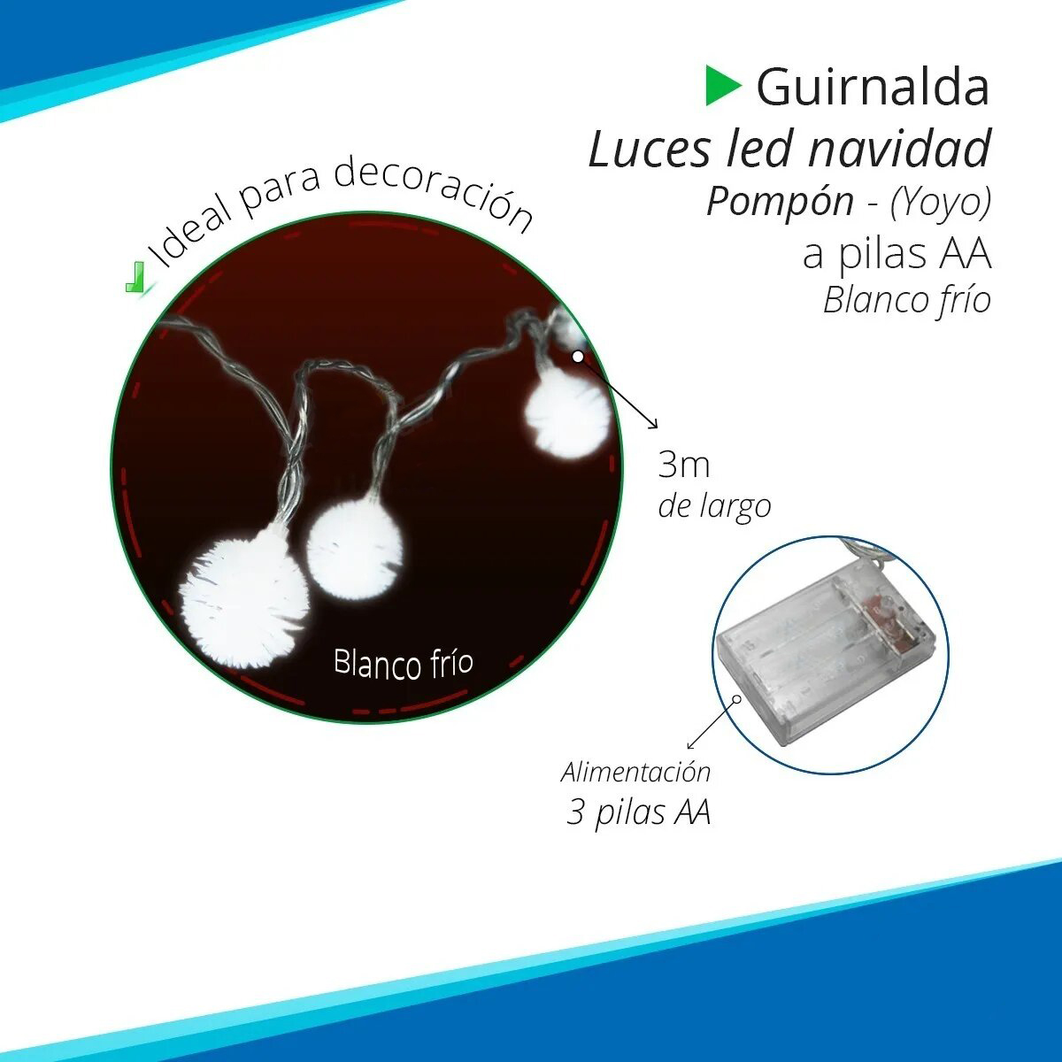 Guirnalda Luces Led Pompón 3 Metros Luz Fría 20 Leds A Pilas