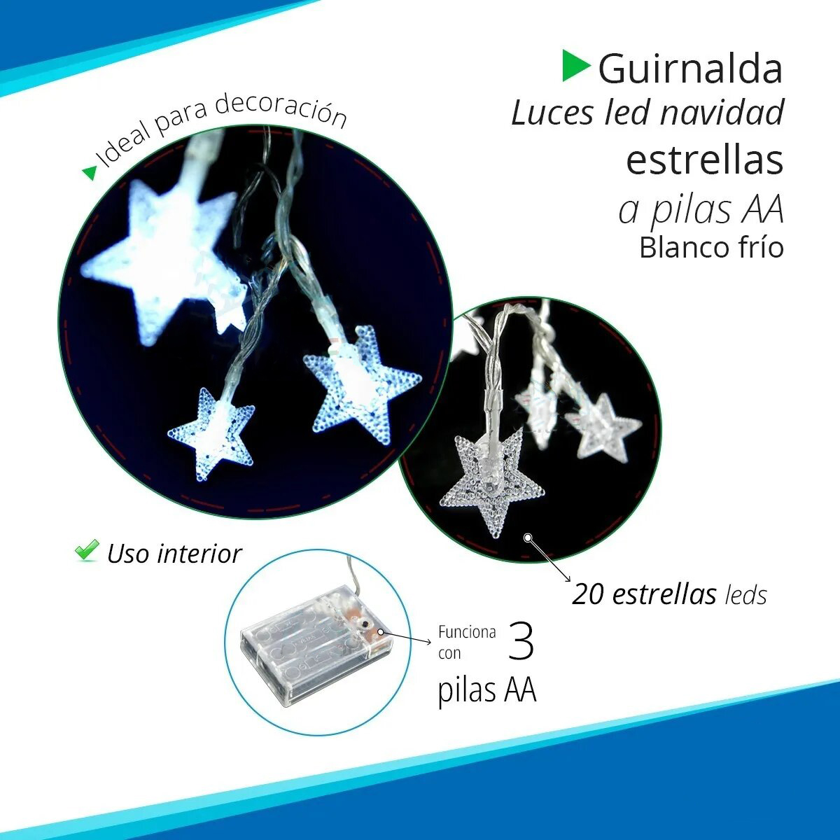 Guirnalda Luces Led Estrellas Cristal Luz Fría 3 Metros A Pilas