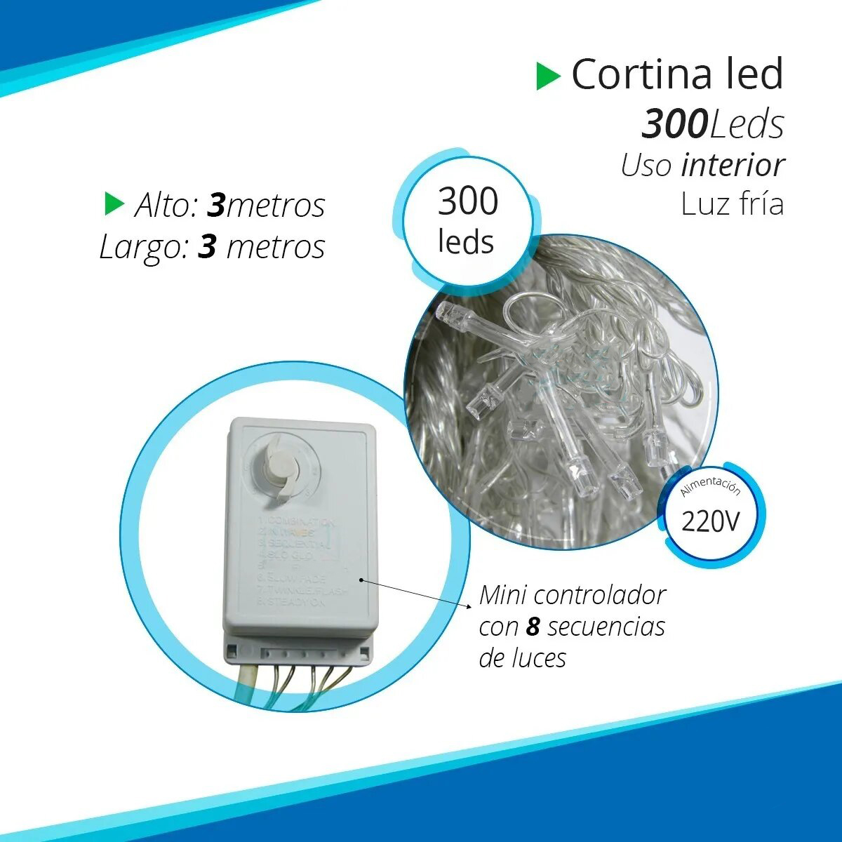 Cortina Luces Led Lluvia Luz Fría 3x3 mts 12 Tiras 220V