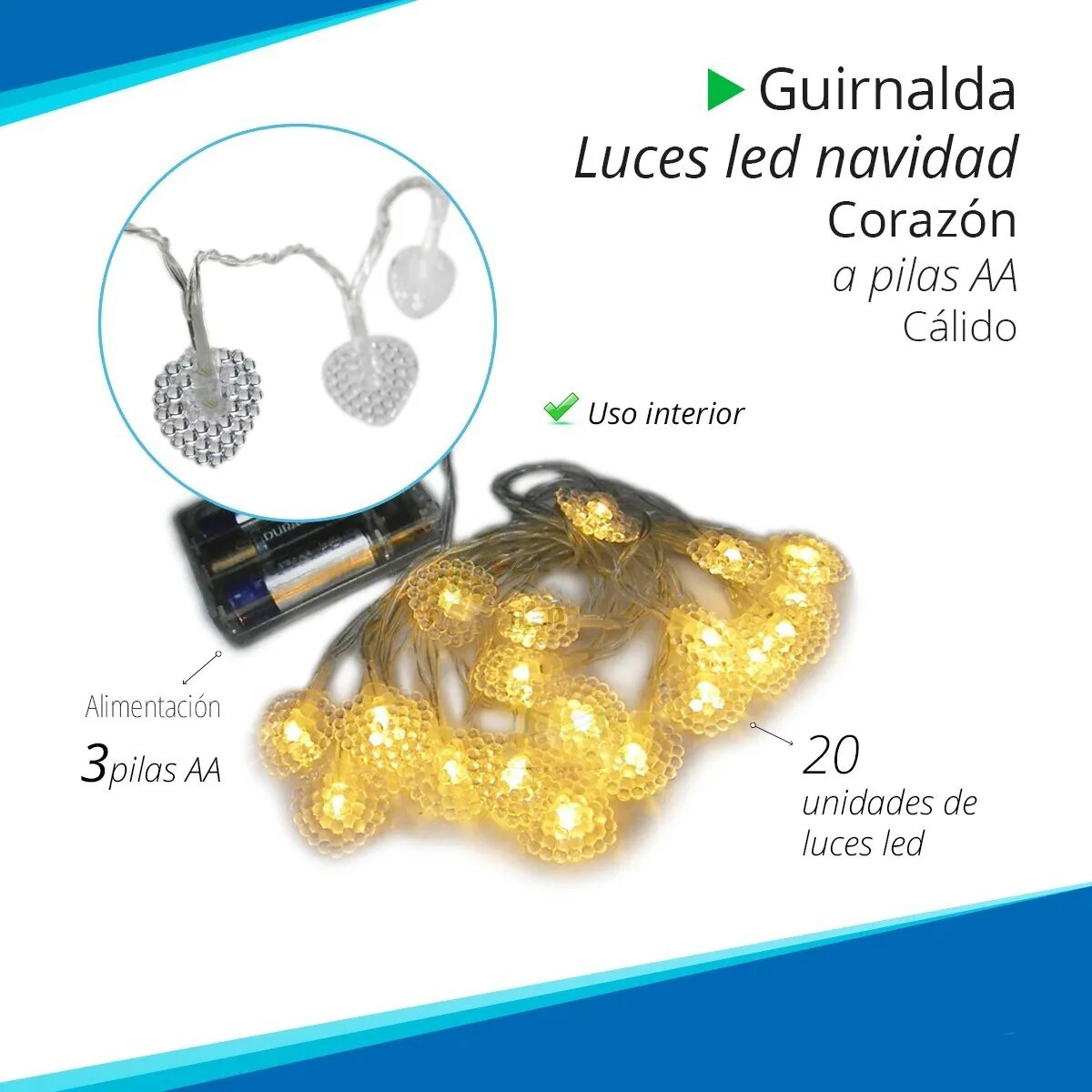 Guirnalda Luces Led Corazón 3 Metros Luz Cálida 20 Leds A Pilas