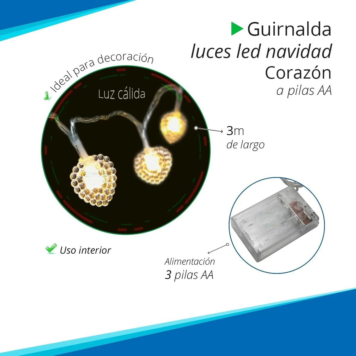 Guirnalda Luces Led Corazón 3 Metros Luz Cálida 20 Leds A Pilas