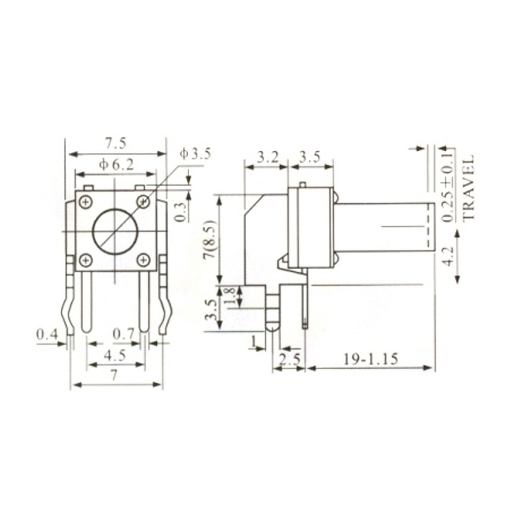 Pulsador Táctil Switch 4 Patas 7,5x7,5x19mm 0084-8
