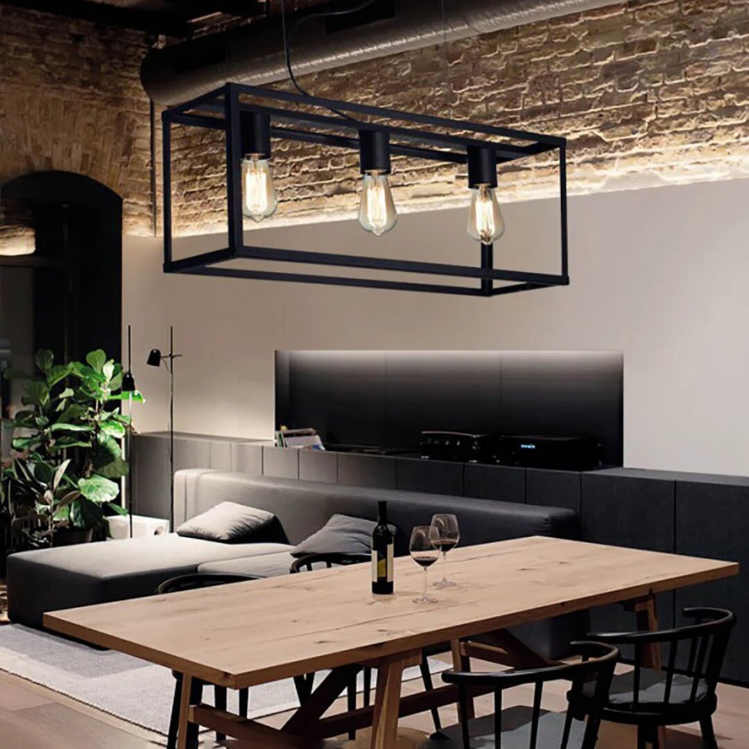 Colgante Rectangular De Hierro 3 Luces E27 Para Interior (Negro, Oxidado)