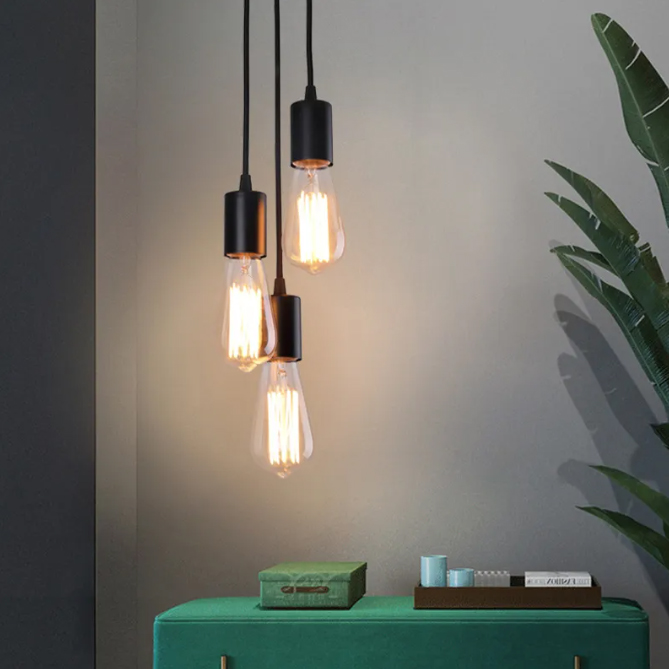 Colgante Para 3 Luces E27 De Cable Textil Blanco y Negro Con Base Redonda Color Negro