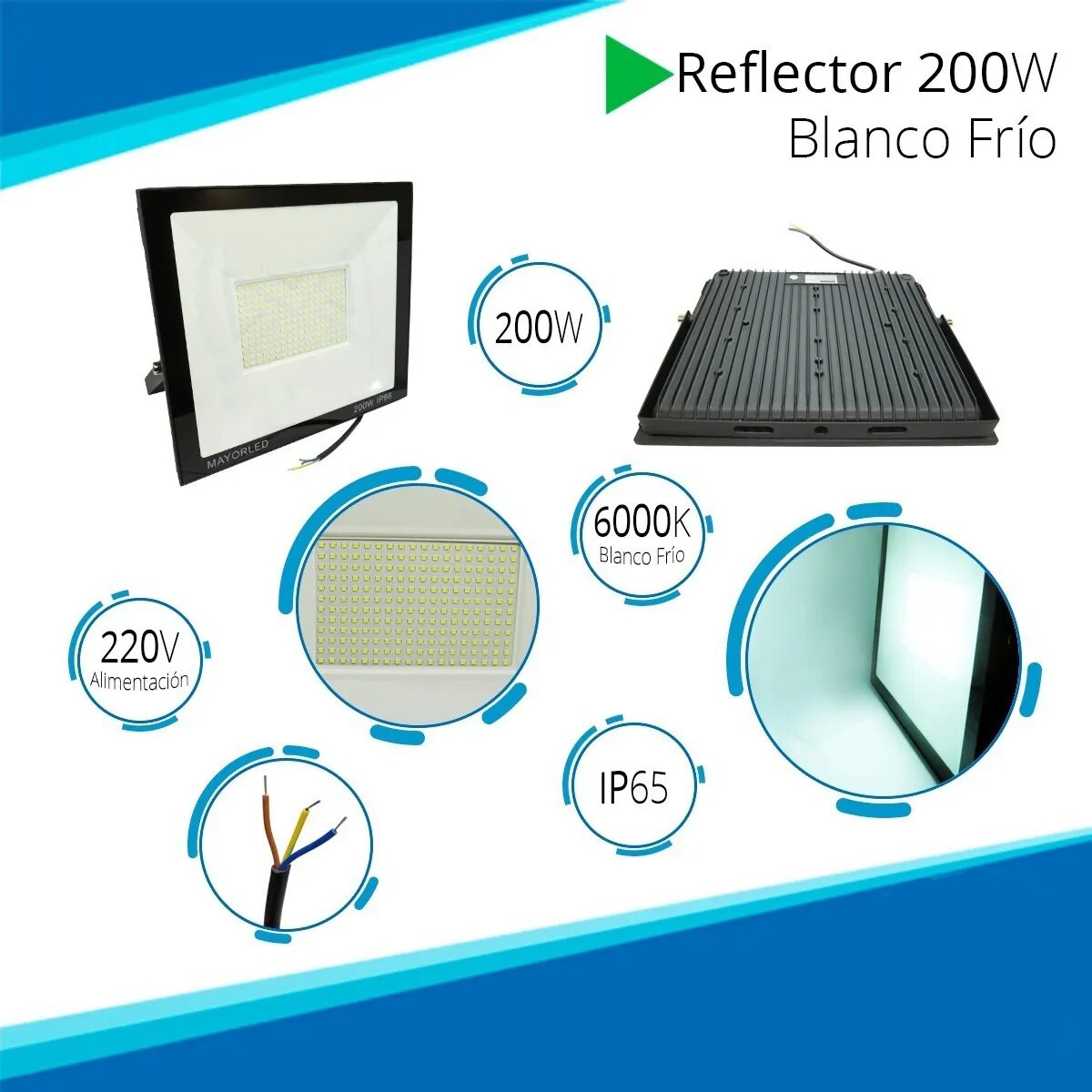 Reflector LED 200W 220V IP65 Blanco Frío Alta Potencia Canchas Fútbol Tenis