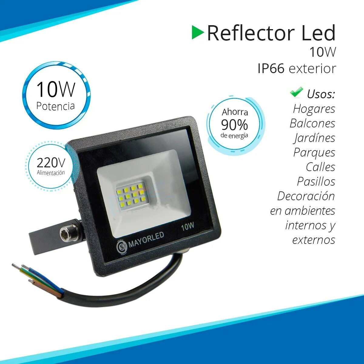 Reflector LED 10W 220V IP65 Blanco Frío Alta Potencia.