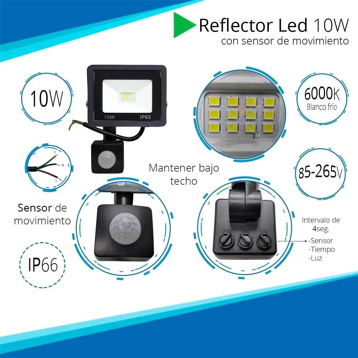 Reflector LED 10W con Sensor de Movimiento 220V Exterior IP66 Blanco